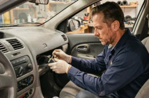Technicien automobile accédant au faisceau de l'anti-démarrage sous le tableau de bord d'une Renault Clio 2