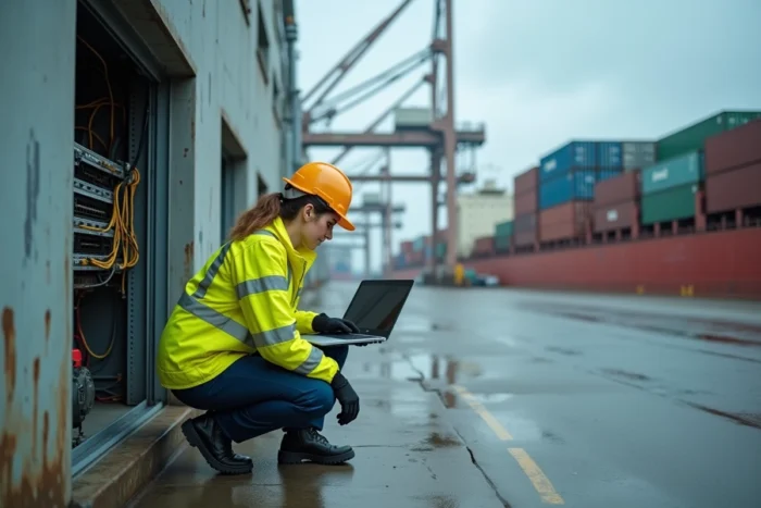 Technicienne en sécurité informatique connectant un ordinateur portable à un équipement réseau industriel sur le quai d'un terminal portuaire