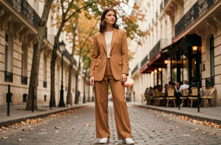 Femme en blazer camel oversize et pantalon large marchant dans une rue pavée parisienne en automne, style mode tendance urbaine