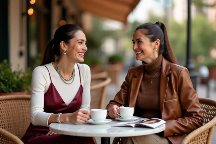 Deux femmes tendance attablées en terrasse de café, l'une en robe satin bordeaux et l'autre en veste en cuir marron, illustrant les tendances mode de la saison