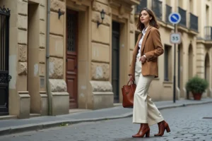 Femme élégante portant un blazer camel oversize et un pantalon large crème dans une rue pavée parisienne, tendances mode automne-hiver
