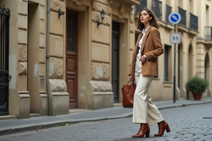 Femme élégante portant un blazer camel oversize et un pantalon large crème dans une rue pavée parisienne, tendances mode automne-hiver
