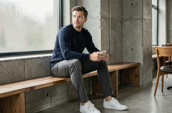 Homme stylé en pull marin dans un café scandinave minimaliste, tendances mode masculine casual chic