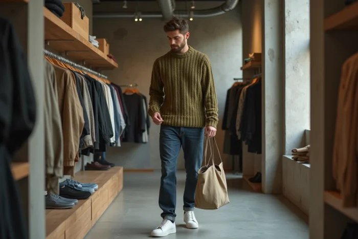 Homme en pull vert oversize et jean indigo parcourant un portant de vêtements dans un concept store minimaliste aux murs en béton, mode masculine tendance