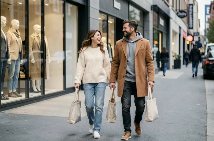 Deux amis stylés marchant en ville devant des vitrines de mode, tendances style quotidien urbain