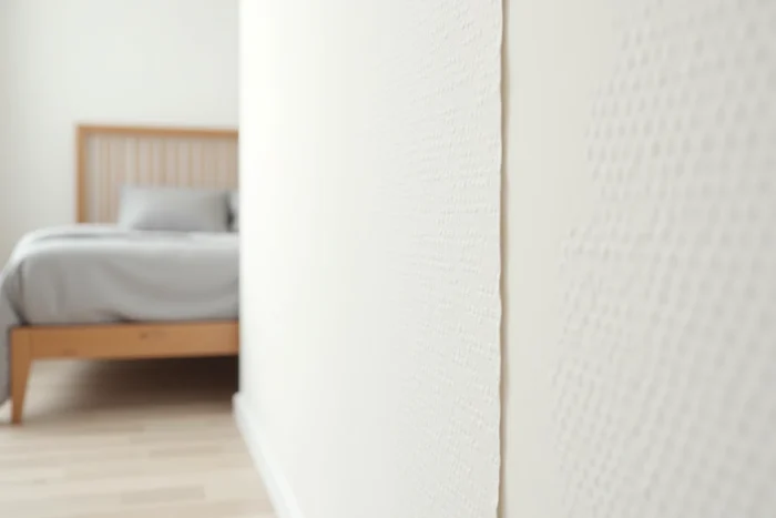 Gros plan sur la texture d'un papier peint blanc intissé posé avec des raccords parfaits dans une chambre de location