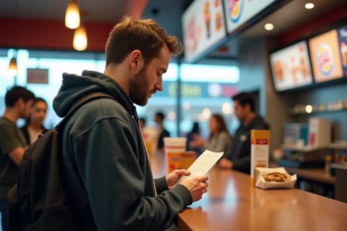 Homme consultant son ticket de caisse Burger King avant de remplir le sondage de satisfaction