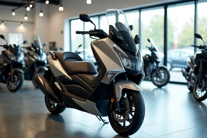 Yamaha T-Max 750 exposé dans un showroom de concession moto moderne avec sol en résine brillante
