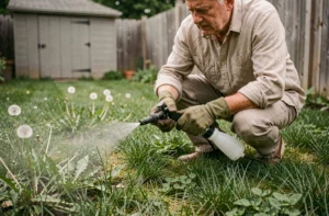 Homme appliquant un herbicide sélectif sur une pelouse envahie par des mauvaises herbes avant la tonte