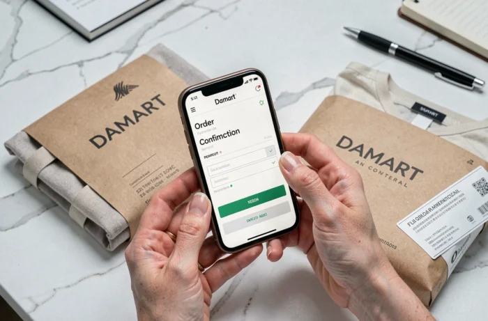 Mains tenant une carte bancaire lors de la validation d'une commande Damart sur smartphone