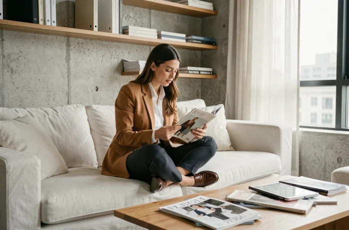 Femme stylée consultant des magazines de mode et une tablette dans un salon minimaliste pour faire sa veille tendances