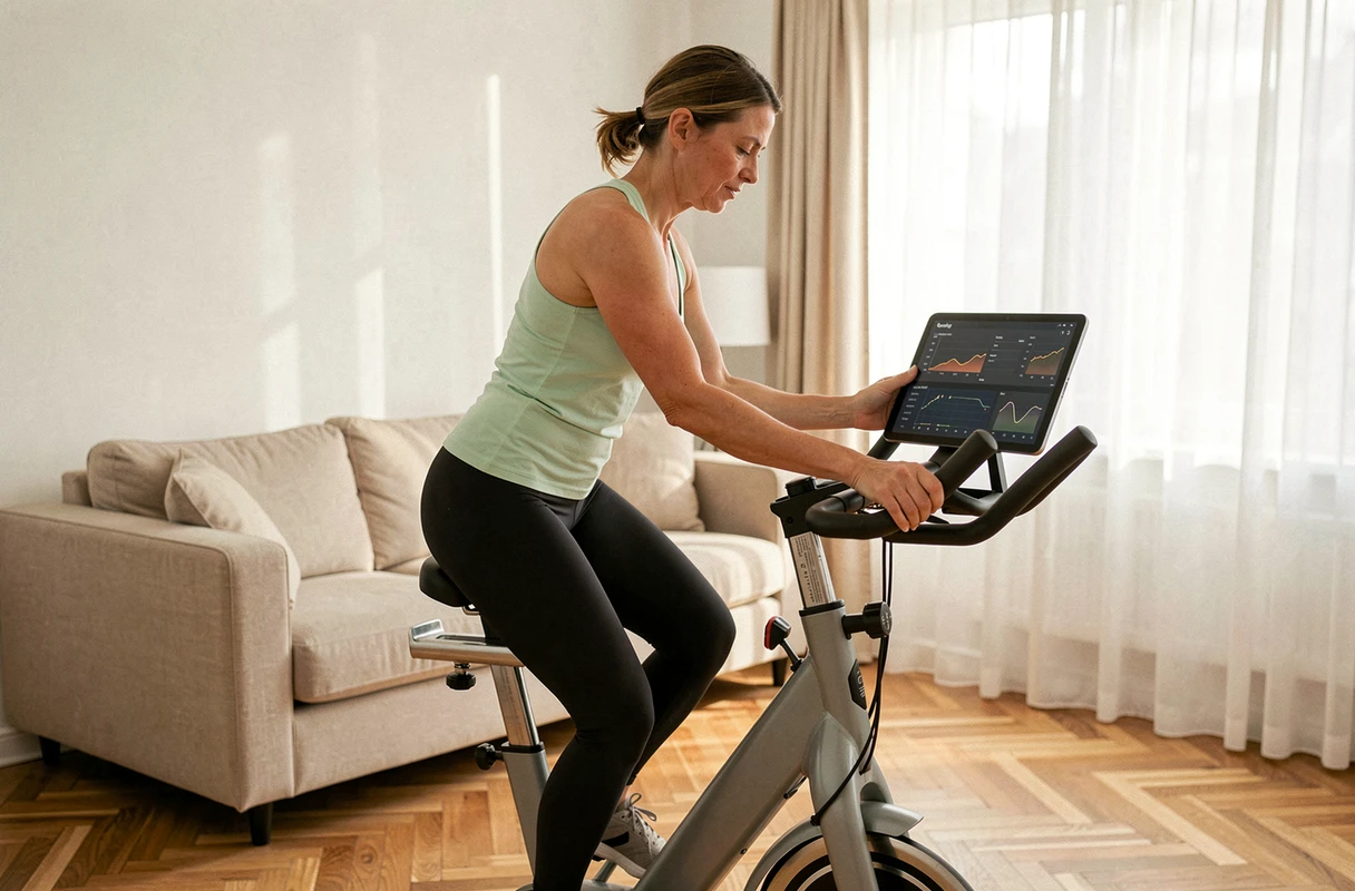 Femme réglant la résistance de son vélo d'appartement SportPlus dans un salon moderne