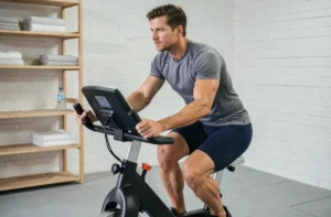 Homme utilisant un vélo d'appartement SportPlus HT SP-HT-1004-IE dans une salle de sport à domicile