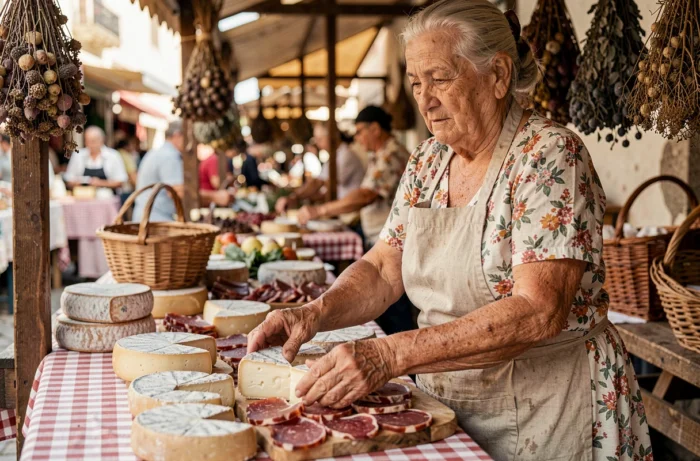 Vendeuse âgée arrangeant fromages et charcuteries sardes sur un étal du marché de Porto Torres