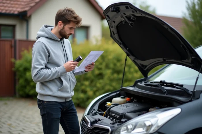 Un jeune homme vérifie le moteur d'une voiture d'occasion dans une allée résidentielle avant l'achat