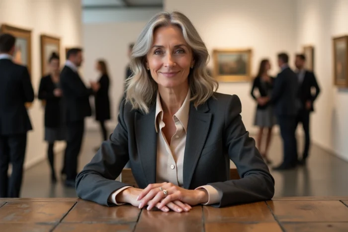 Femme artiste assise lors d'un vernissage dans une galerie d'art contemporain, expression confiante et élégante