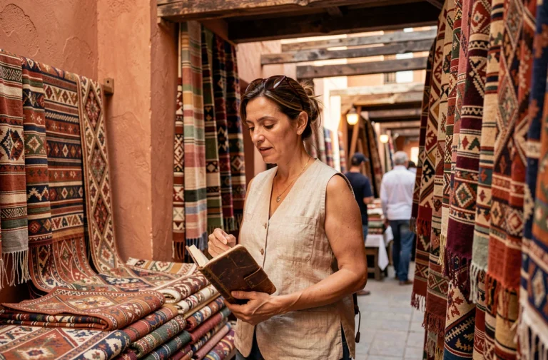 Femme explorant un marché artisanal marocain lors d'un voyage thématique culturel