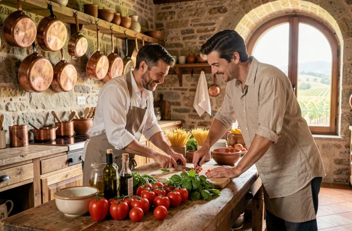 Deux voyageurs participant à un cours de cuisine italienne dans une ferme toscane lors d'un voyage gastronomique