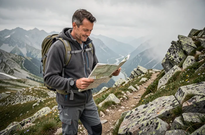 Randonneur consultant une carte topographique lors d'un voyage thématique nature en montagne