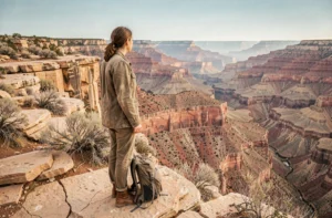 Voyageuse solitaire contemplant un immense canyon aux formations rocheuses ocre et terracotta lors d'une aventure en plein désert