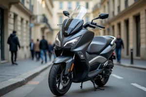Yamaha T-Max 750 garé dans une rue parisienne, vue trois quarts avant mettant en valeur le design premium du maxi-scooter
