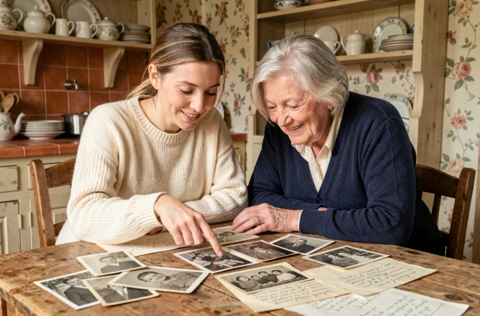 Zoé Grospiron et sa mère parcourant des photos de famille anciennes à une table en bois rustique dans une cuisine française